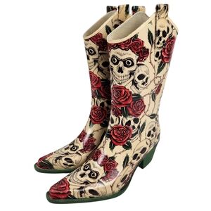 Nomad Yippy Skull Rose Floral Waterproof Rain Western Style Boots Womens Size 9